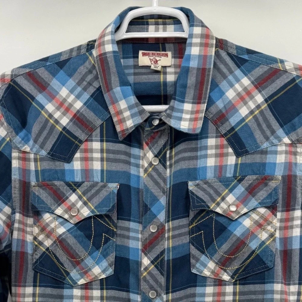 True Religion Mens Blue Plaid Western Snap Long Sleeve Shirt 2XL MONB390MU3